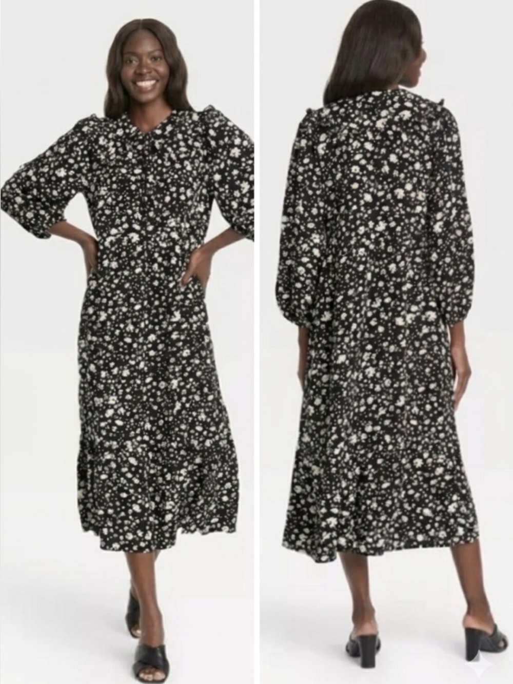 Who What Wear Dress XXL Black White Floral‎ Midi Cottagecore Romantic Casual
